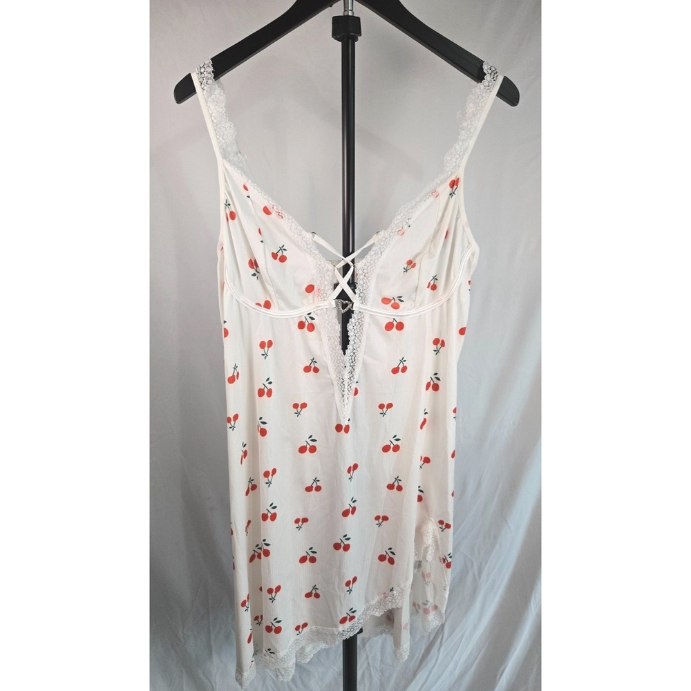 Y2K Cherry Print Lace Slip Dress Sz 2XL Lingerie Babydoll Coquette Mini Feminine